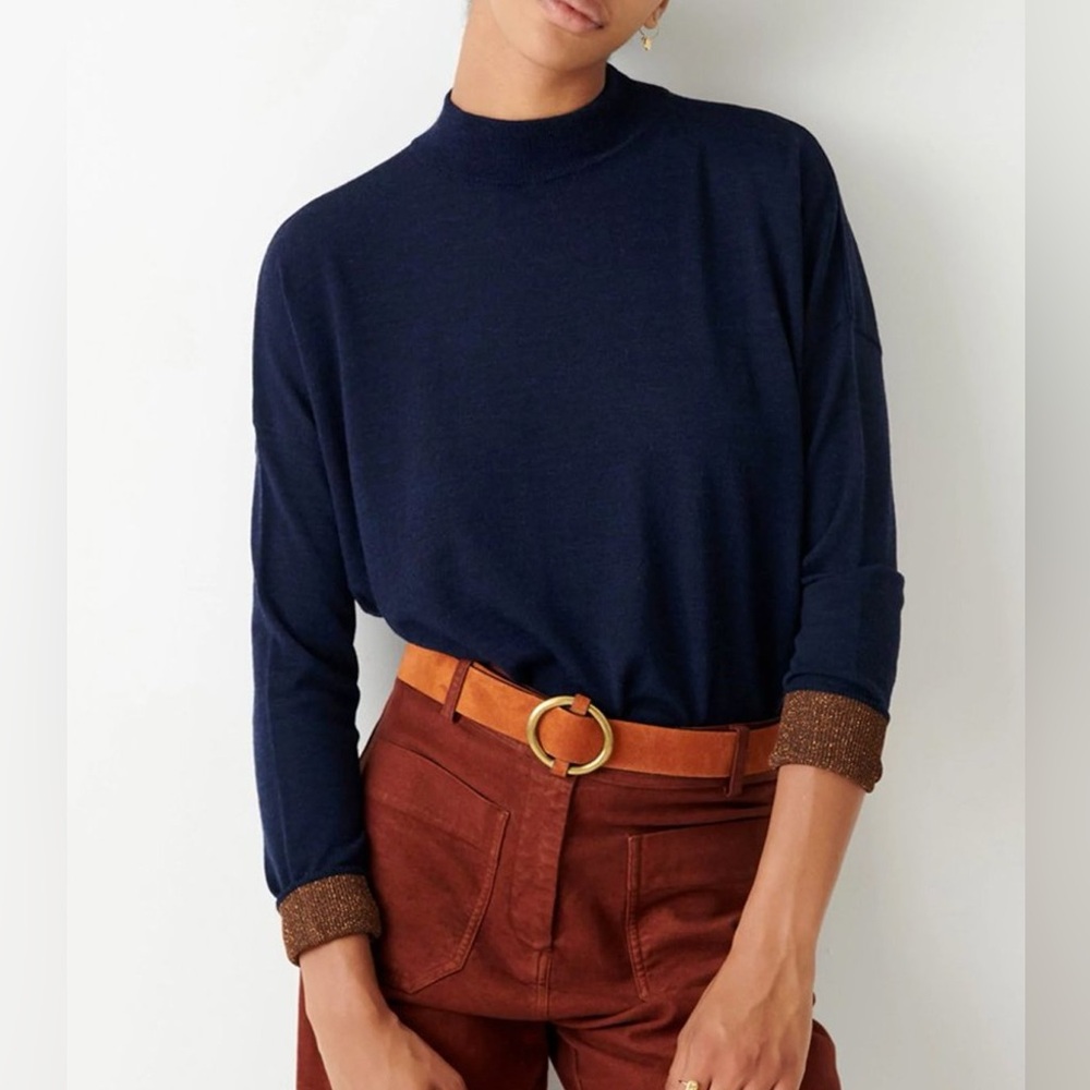 Sessun Sz L Massa Navy Wool Metallic Bronze Sleeves Cuff Sweater